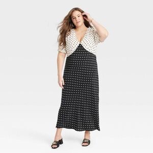 NWT Women's Crepe Puff Short Sleeve Midi Dress - A New Day Black/White Polka Do